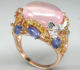 Кольцо с розовым кварцем, цитринами и синими сапфирами Серебро 925