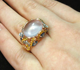 Кольцо с розовым кварцем, цитринами и синими сапфирами Серебро 925