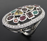 Крупное кольцо с гранатами, цитринами, изумрудами и сапфирами Серебро 925