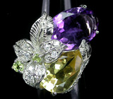 Великолепное кольцо с аметистом, цитрином и перидотами Серебро 925