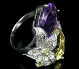 Великолепное кольцо с аметистом, цитрином и перидотами Серебро 925