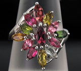 Замечательное кольцо с разноцветными турмалинами Серебро 925