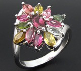 Замечательное кольцо с разноцветными турмалинами Серебро 925