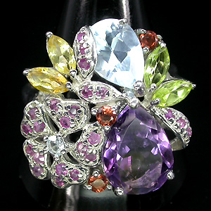 Кольцо из коллекции "Multistone" с аметистом, гранатами, перидотами, цитринами, топазом и сапфирами