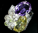 Великолепное кольцо с аметистом, цитрином и перидотами Серебро 925