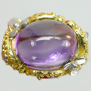 Превосходное кольцо с кабошоном аметиста, розовыми сапфирами и цитринами