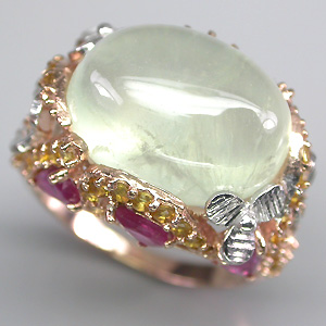 Превосходное кольцо с пренитом, пурпурными сапфирами и цитринами