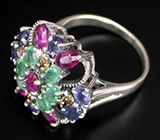 Праздничное кольцо с сапфирами, изумрудами и цирконами Серебро 925