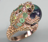 Оригинальное кольцо с флюоритом, изумрудами, гранатами и разноцветными турмалинами Серебро 925