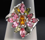 Яркое кольцо с разноцветными турмалинами Серебро 925