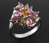 Яркое кольцо с разноцветными турмалинами Серебро 925