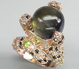 Оригинальное высокое кольцо с иолитом, перидотами, топазами и сапфирами Серебро 925