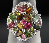 Замечательное кольцо с разноцветными турмалинами Серебро 925
