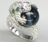 Скульптурное кольцо с флюоритом, аметистами, изумрудами и цирконами Серебро 925