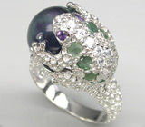 Скульптурное кольцо с флюоритом, аметистами, изумрудами и цирконами Серебро 925