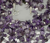 Массивное колье с аметистами, бесцветным кварцем и жемчугом Серебро 925