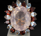 Крупное кольцо с розовым кварцем, гранатами и топазами Серебро 925