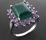 Кольцо с зеленым агатом и аметистами Серебро 925