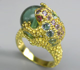 Скульптурное кольцо с флюоритом, аметистами, сапфирами и топазами Серебро 925