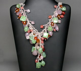 Массивное колье с розовым кварцем, агатами и пренитами Серебро 925