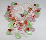 Массивное колье с розовым кварцем, агатами и пренитами Серебро 925