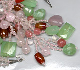 Массивное колье с розовым кварцем, агатами и пренитами Серебро 925