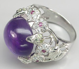 Крупное кольцо со сливовым аметистом, перидотами, топазами и сапфирами Серебро 925