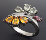 Кольцо из коллекции "Mia" с золотистыми и зелеными сапфирами, рубеллитами Серебро 925