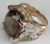 Крупное кольцо с дымчатым топазом, изумрудами, бесцветными топазами и перидотами Серебро 925