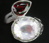 Кольцо с розовым кварцем, спессартином, перидотами и топазами Серебро 925