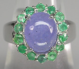 Кольцо с кабошоном танзанита и изумрудами Серебро 925