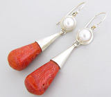 Серьги с кораллами и жемчугом Серебро 925