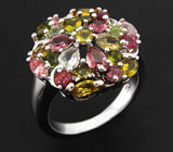 Замечательное кольцо с разноцветными турмалинами Серебро 925