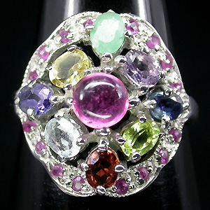 Кольцо с сапфирами, перидотом, топазом, цитрином, изумрудом, аметистом, гранатом и иолитами