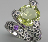 Оригинальное высокое кольцо с цитрином, аметистами и сапфирами Серебро 925