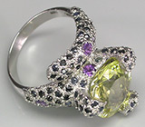 Оригинальное высокое кольцо с цитрином, аметистами и сапфирами Серебро 925