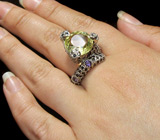 Оригинальное высокое кольцо с цитрином, аметистами и сапфирами Серебро 925