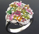 Замечательное кольцо с разноцветными турмалинами Серебро 925