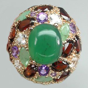 Кольцо с зеленым агатом, изумрудами, цирконами, аметистами и гранатами