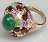 Кольцо с зеленым агатом, изумрудами, цирконами, аметистами и гранатами Серебро 925