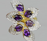 Оригинальное кольцо с аметистами и бесцветными сапфирами Серебро 925