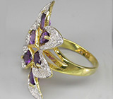 Оригинальное кольцо с аметистами и бесцветными сапфирами Серебро 925