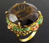 Крупное кольцо с дымчатым топазом, изумрудами и оранжевыми сапфирами Серебро 925