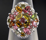 Замечательное кольцо с разноцветными турмалинами Серебро 925