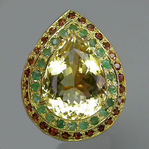 Кольцо с цитрином, изумрудами и гранатами