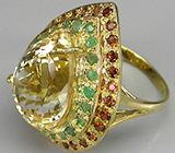 Кольцо с цитрином, изумрудами и гранатами Серебро 925