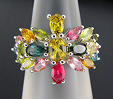 Прелестное кольцо с разноцветными турмалинами Серебро 925