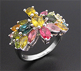 Прелестное кольцо с разноцветными турмалинами Серебро 925