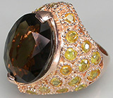 Крупное кольцо с дымчатым топазом и сапфирами Серебро 925