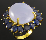 Превоскодное крупное кольцо с халцедоном и синими сапфирами Серебро 925